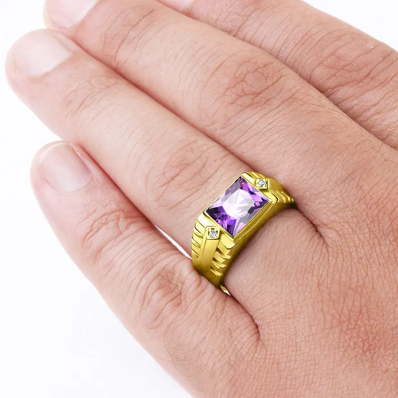 10k Yellow Gold Men's Ring with Amethyst Gemstone and Genuine Diamonds