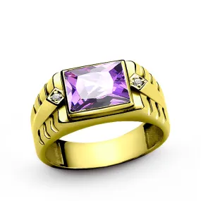 10k Yellow Gold Men's Ring with Amethyst Gemstone and Genuine Diamonds