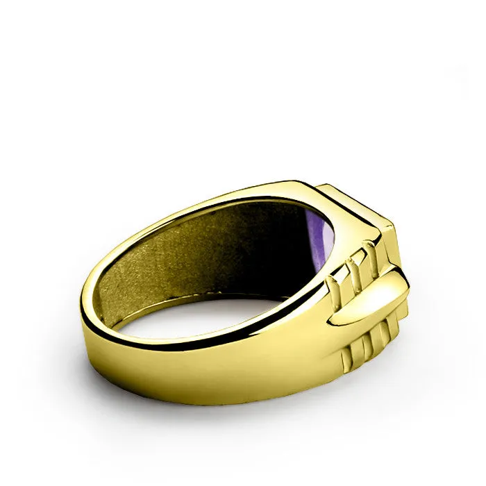 10k Yellow Gold Men's Ring with Amethyst Gemstone and Genuine Diamonds