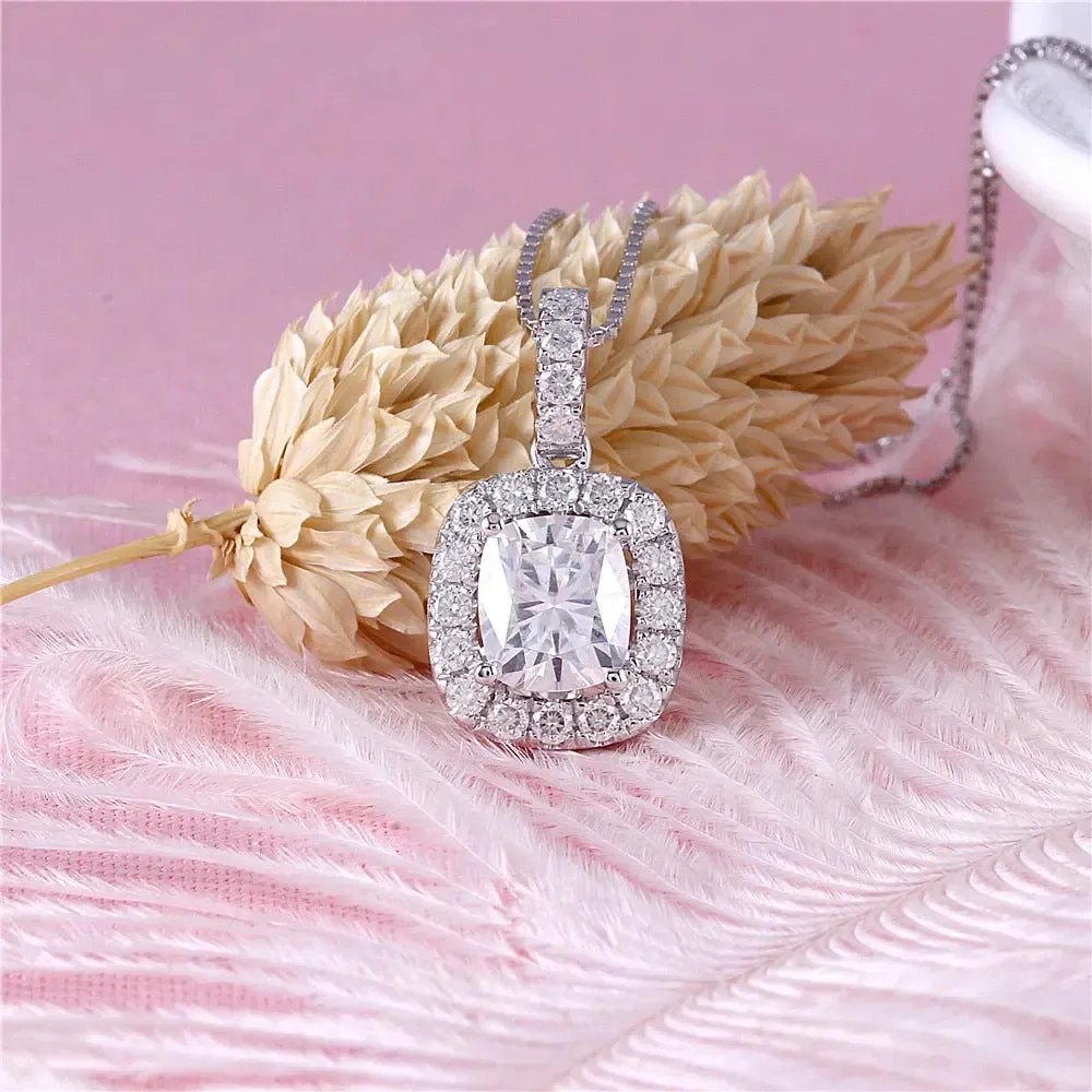 14k White Gold Cushion Cut Moissanite Necklace / Pendant 1.64ct Total