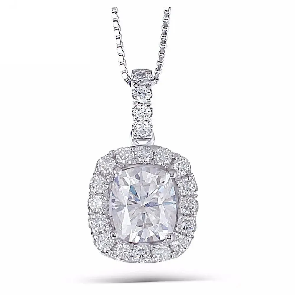 14k White Gold Cushion Cut Moissanite Necklace / Pendant 1.64ct Total