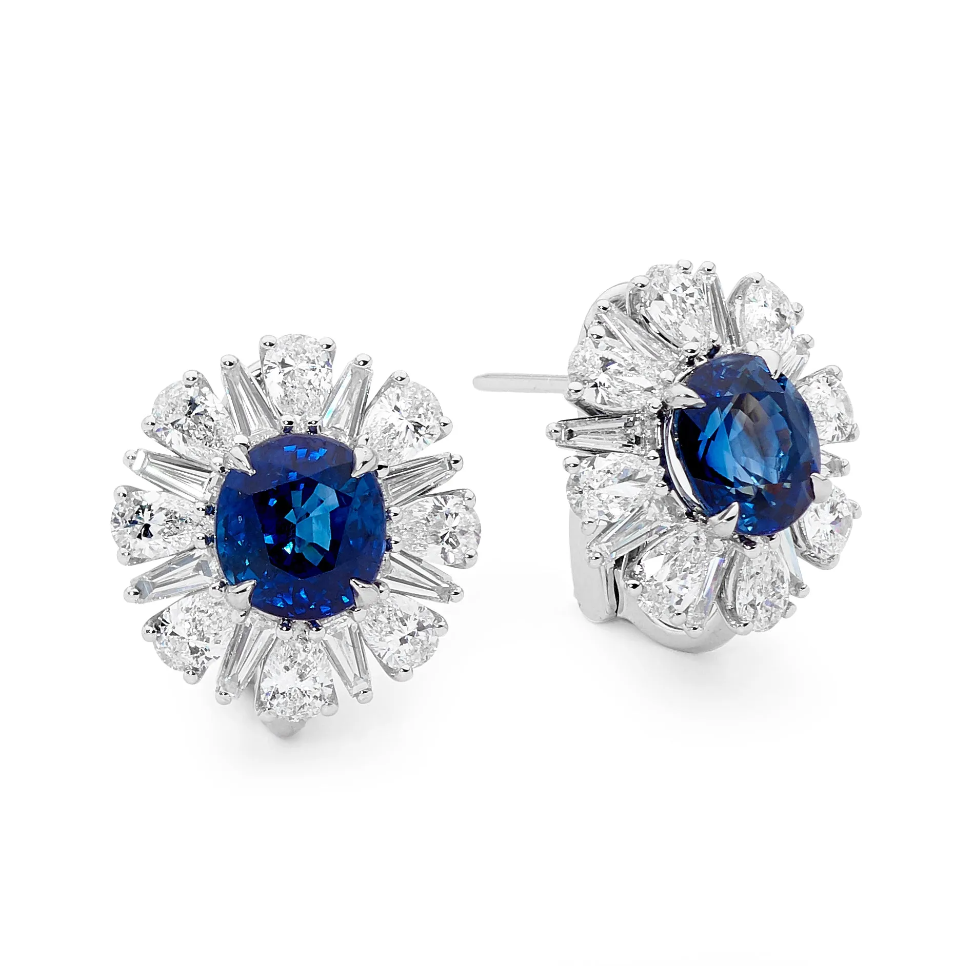 18ct white gold, oval cut sapphire and diamond earrings