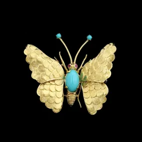 18K Yellow Gold Estate Turquoise Butterfly Pin