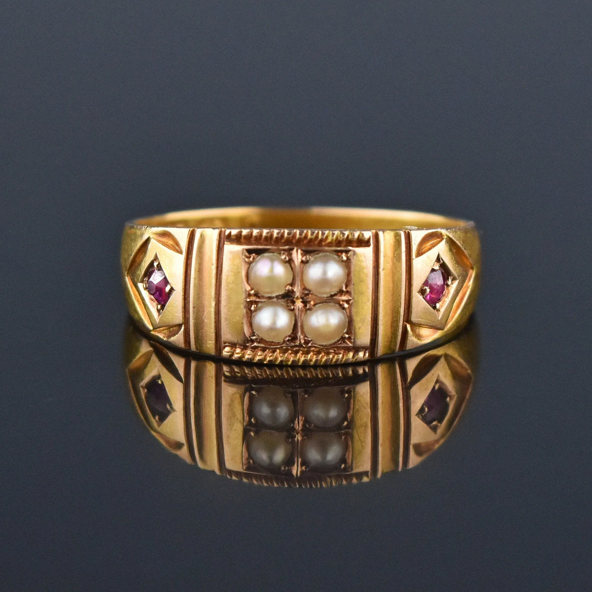 3rd Payment Antique 15K Gold Ruby Pearl Gypsy Band Ring, C 1880s