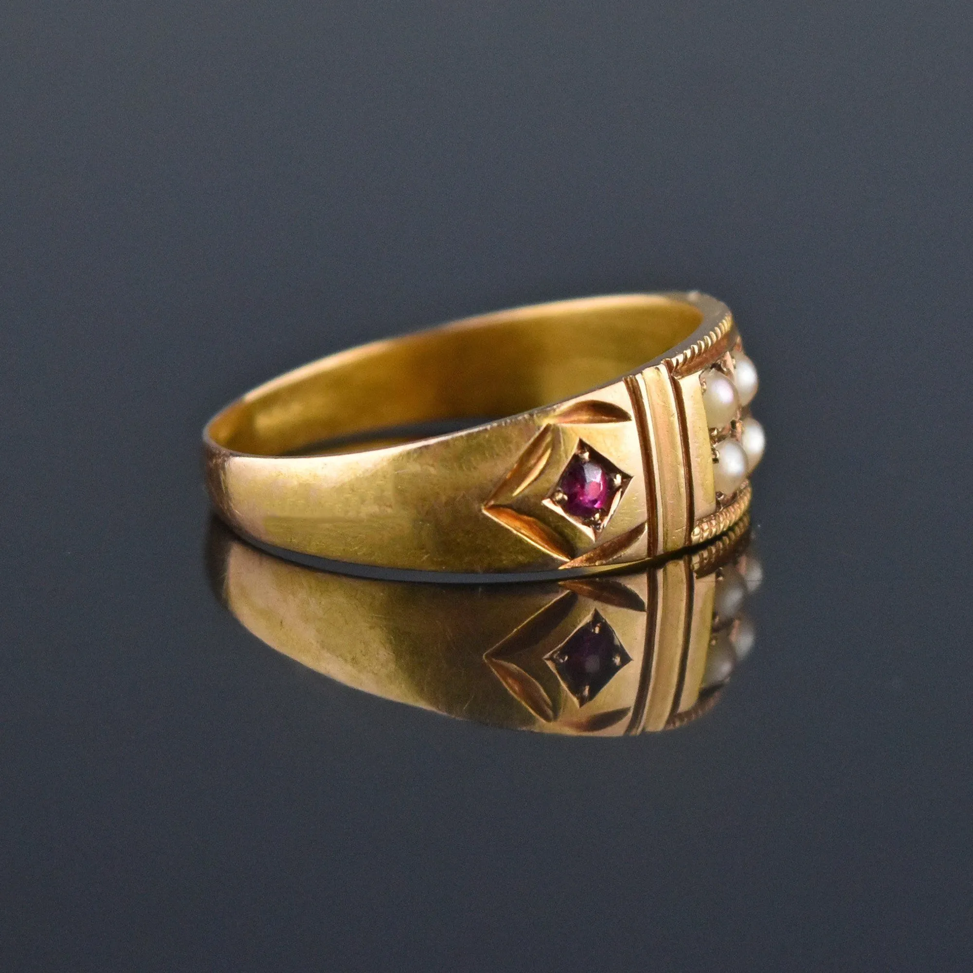 3rd Payment Antique 15K Gold Ruby Pearl Gypsy Band Ring, C 1880s