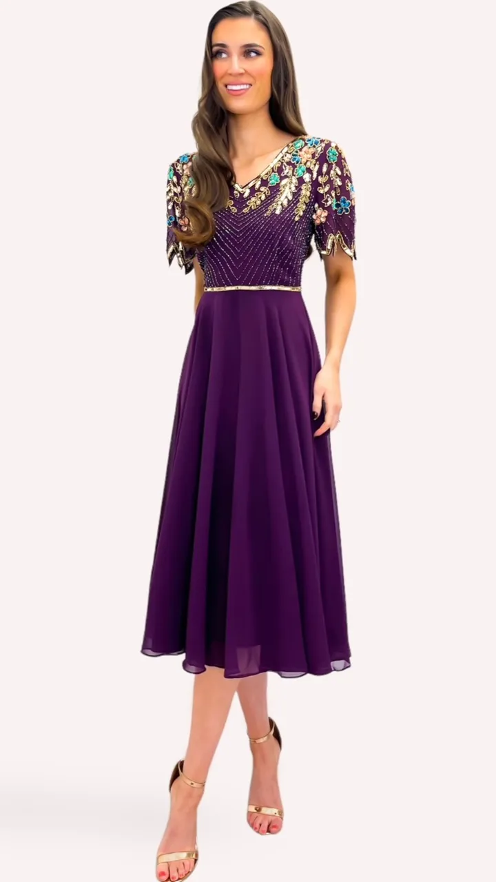 5-A1365 Purple Embellished Flare Dress