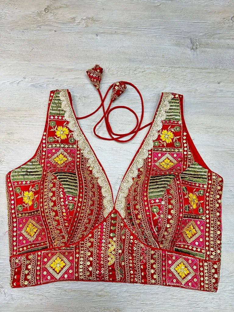 50W572-RO Red Multicolor Embroidered Blouse With Mirror Work