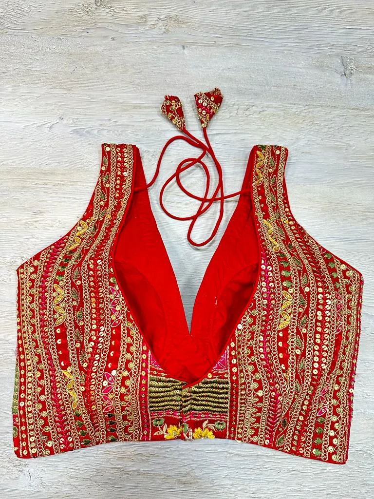 50W572-RO Red Multicolor Embroidered Blouse With Mirror Work