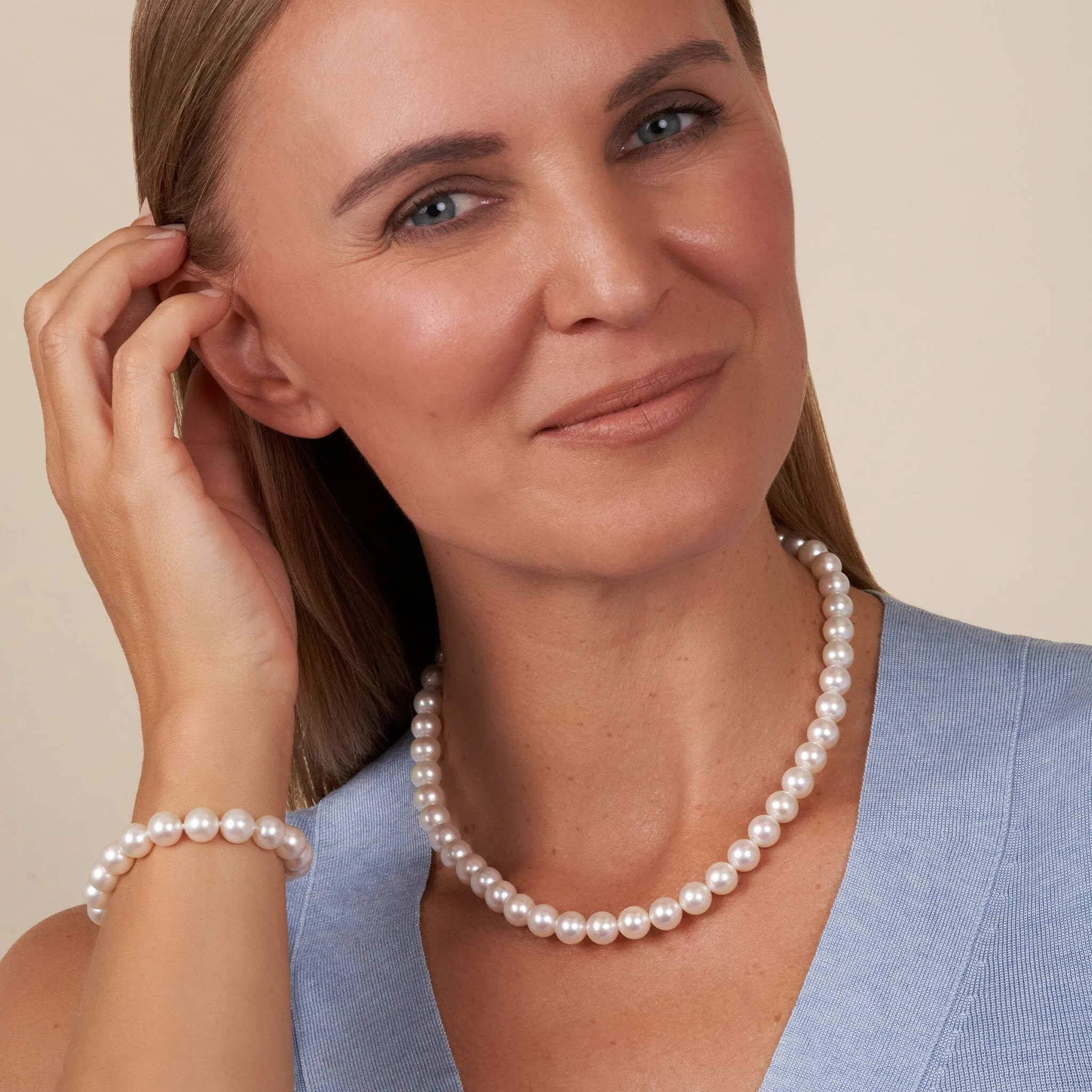 8.5-9.0 mm AA  Bright White Rose Tone Akoya Pearl 18 Inch Necklace & Bracelet Set