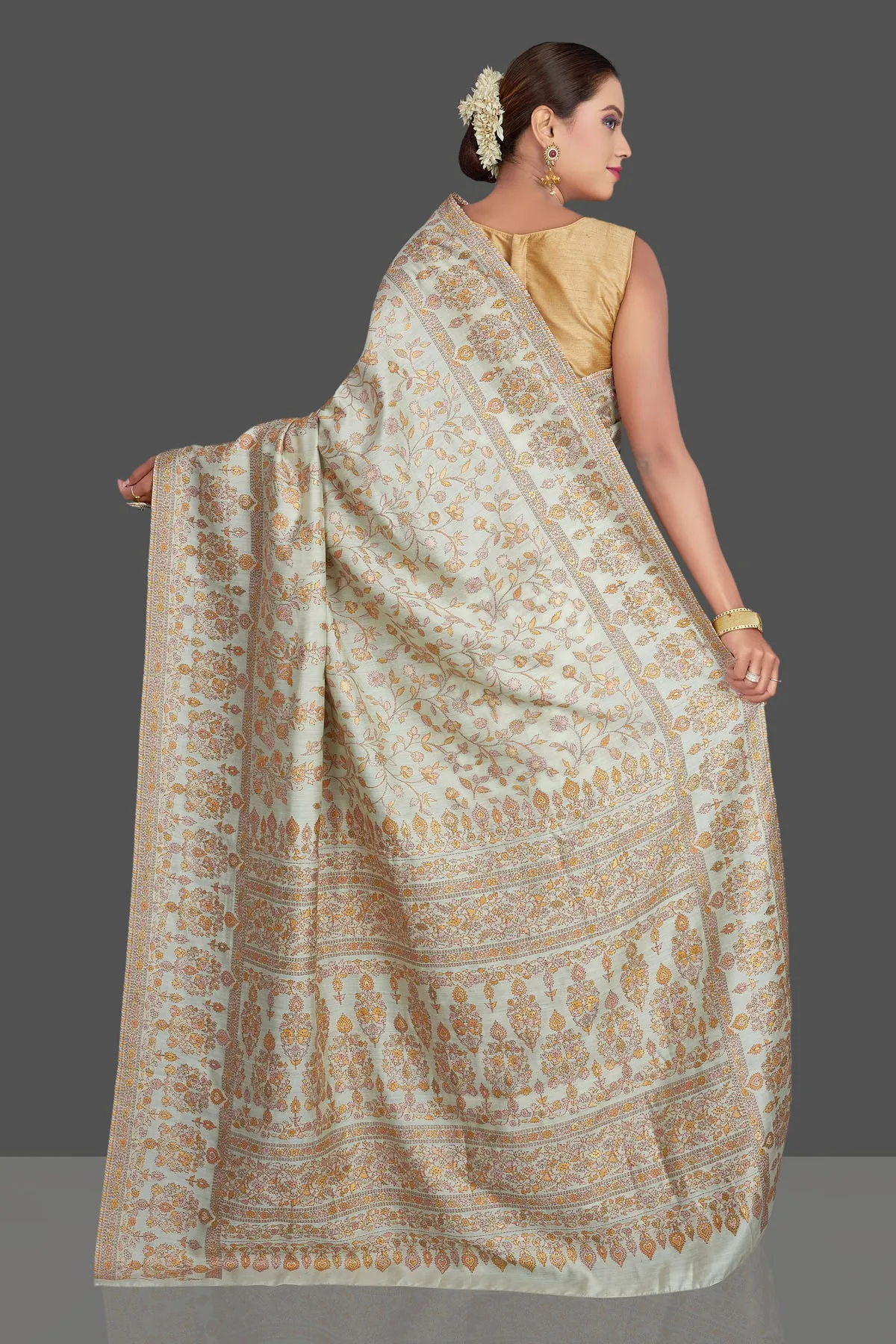 90K919-RO Mint Green Yellow Kani Weave Saree