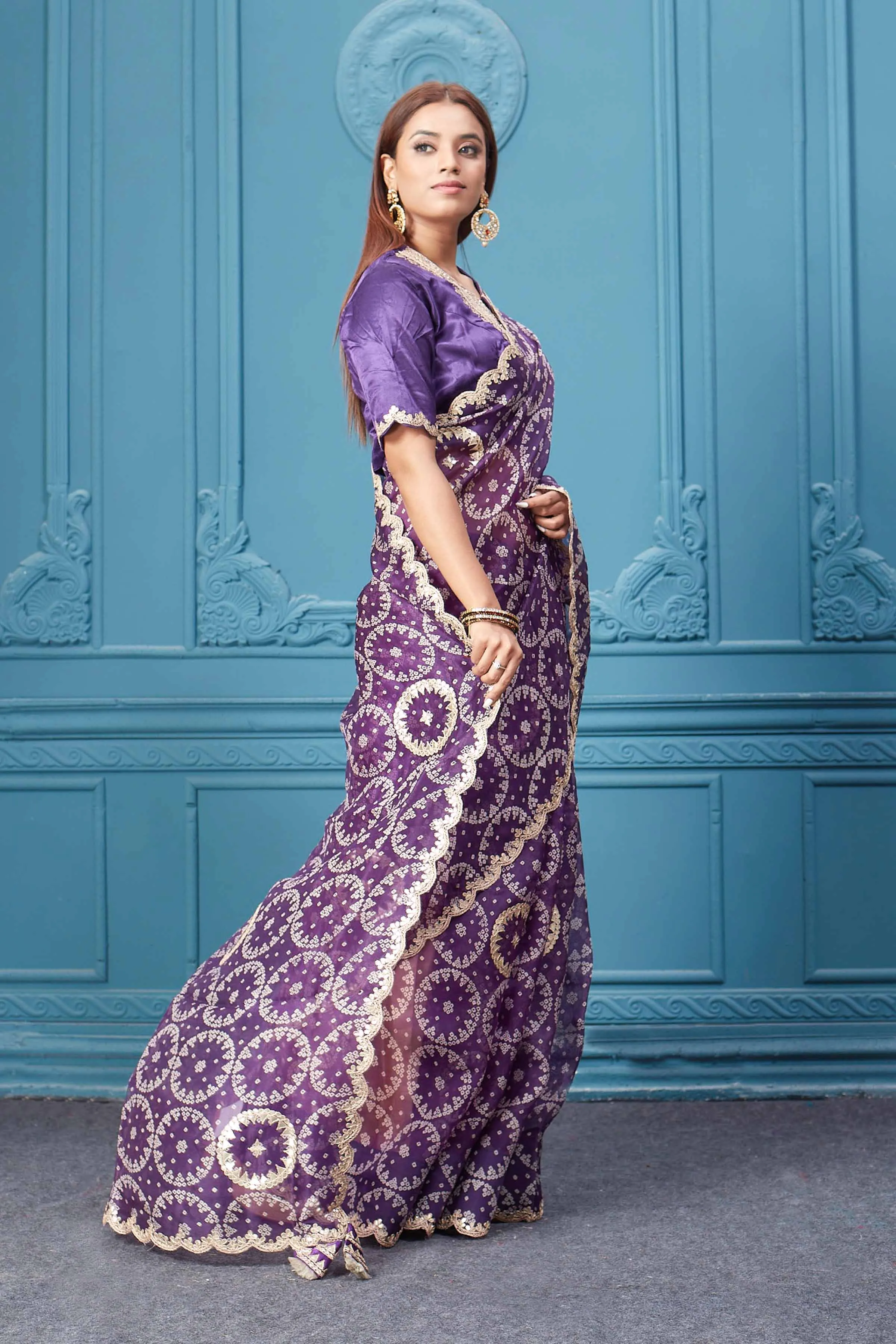 91A060 Purple Bandhej  Gota Work Organza Silk Saree with Blouse