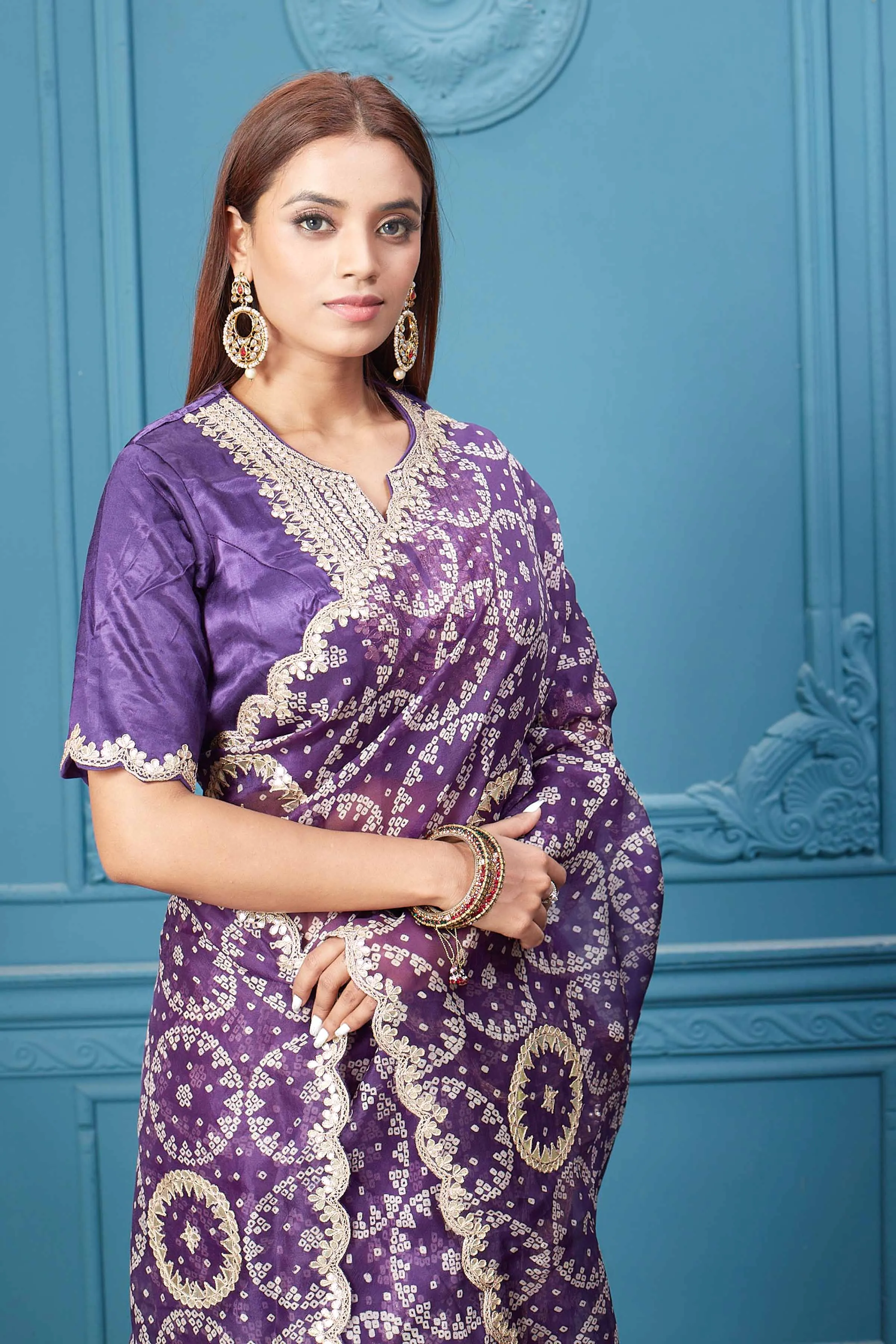 91A060 Purple Bandhej  Gota Work Organza Silk Saree with Blouse