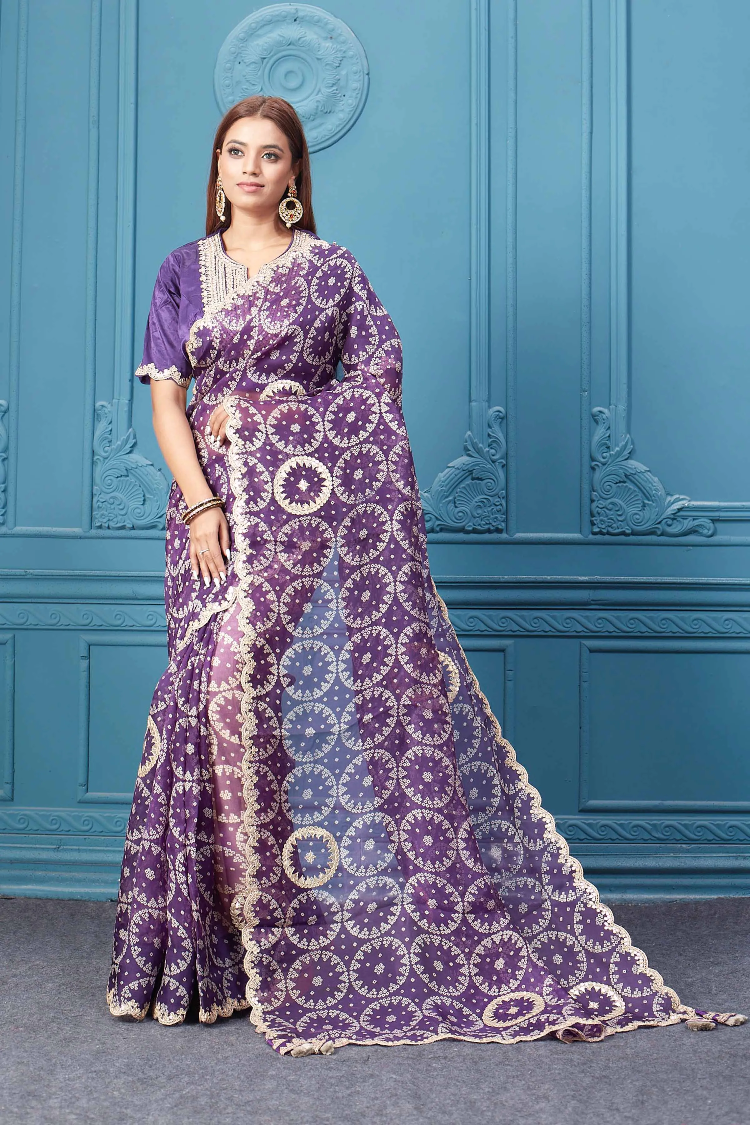 91A060 Purple Bandhej  Gota Work Organza Silk Saree with Blouse