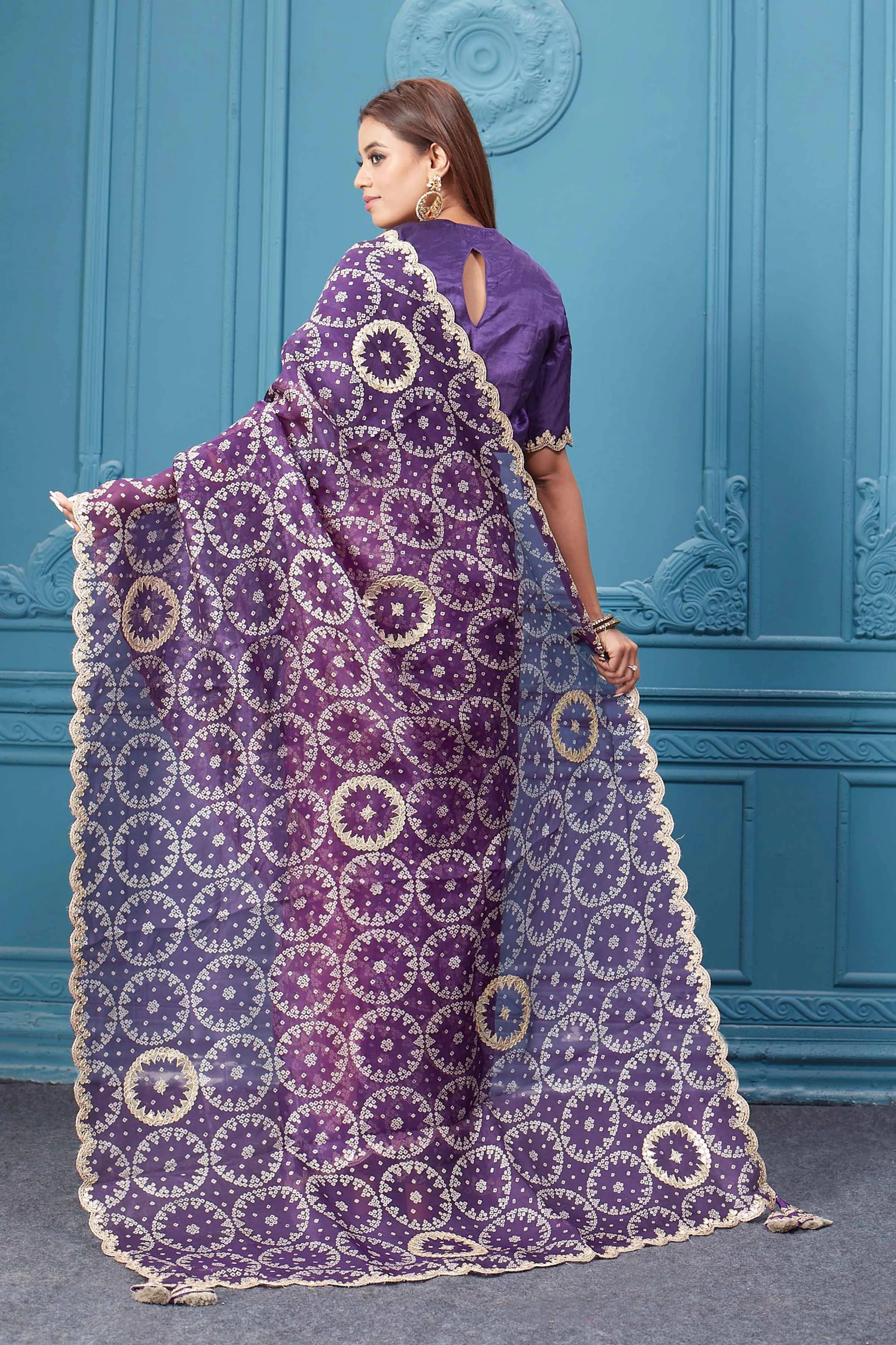 91A060 Purple Bandhej  Gota Work Organza Silk Saree with Blouse