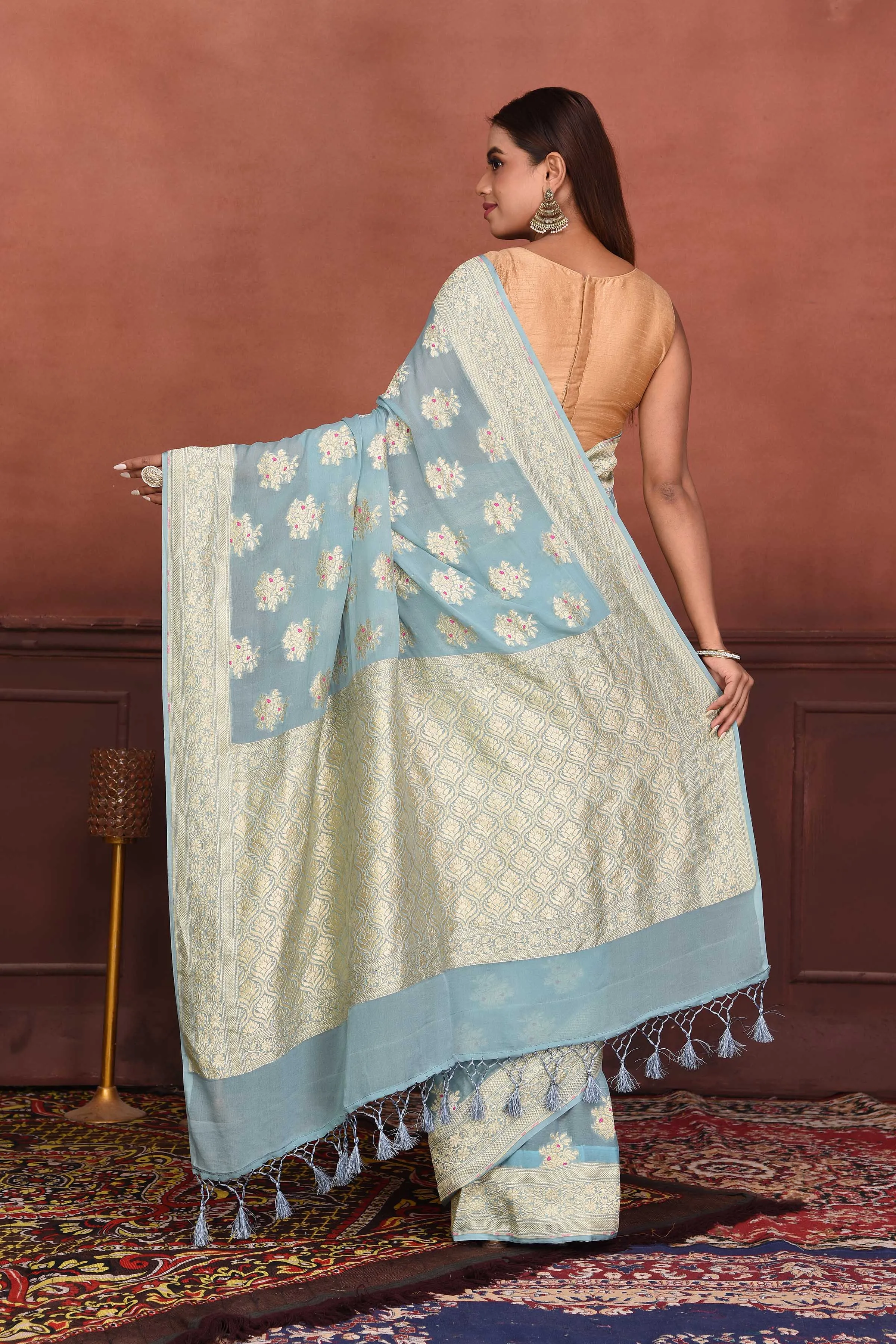 91A170-RO Light Blue Katan Silk Banarasi Sari with Zari Minakari Buta