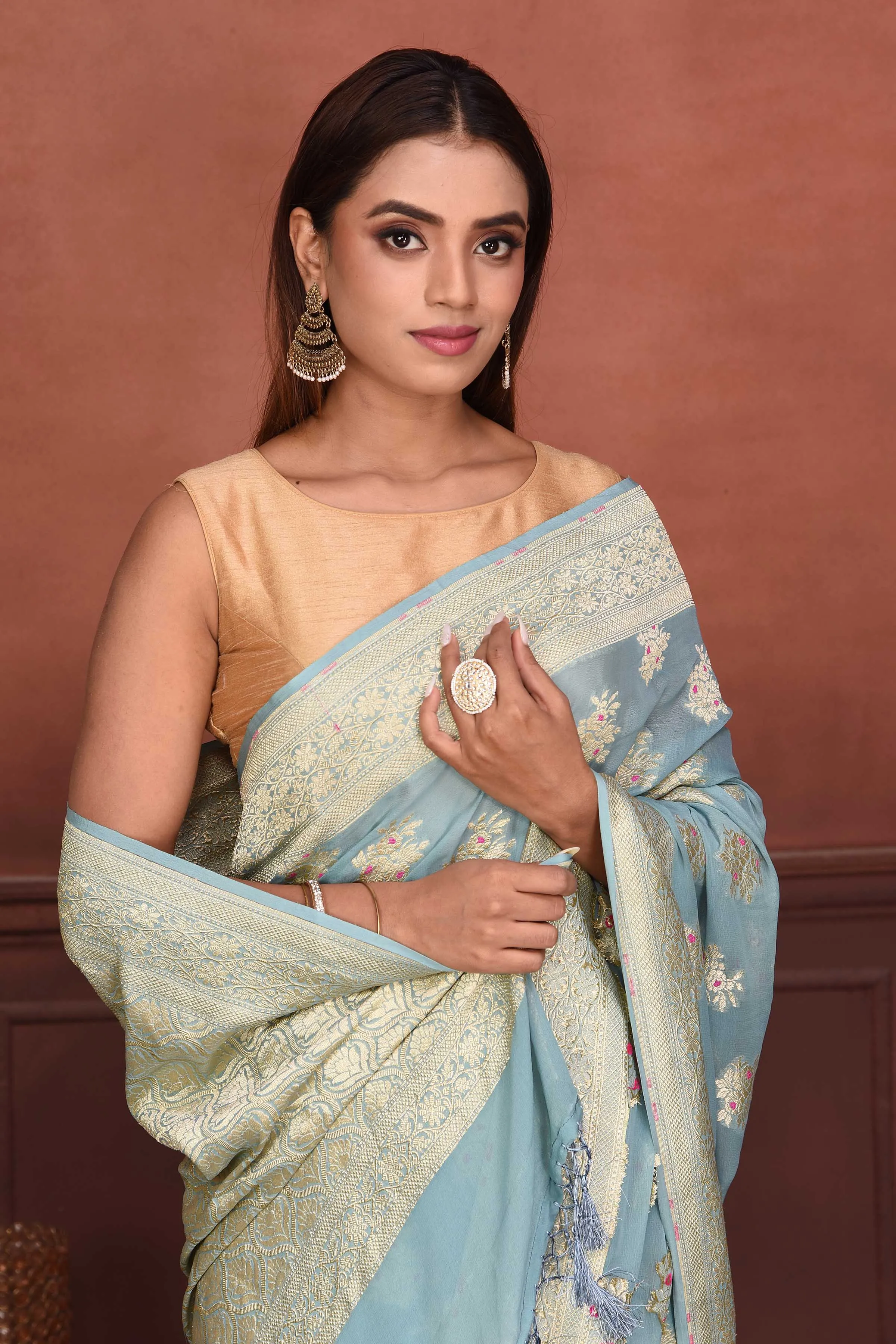 91A170-RO Light Blue Katan Silk Banarasi Sari with Zari Minakari Buta