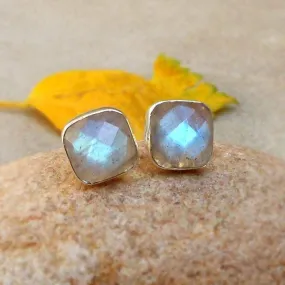 925 Silver Labradorite Stud Earring Silver Post Studs Labradorite Earrings Faceted Labradorite Blue Flashy Studs Cushion stud Womens Studs