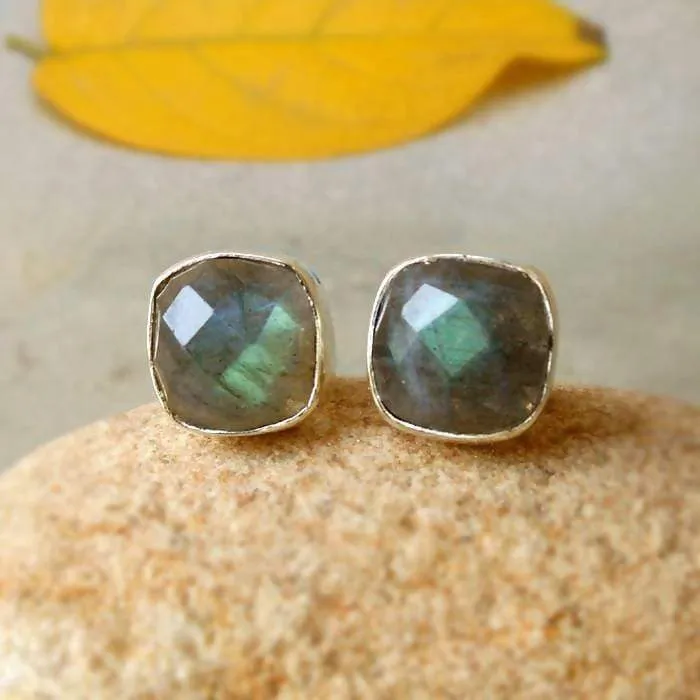 925 Silver Labradorite Stud Earring Silver Post Studs Labradorite Earrings Faceted Labradorite Blue Flashy Studs Cushion stud Womens Studs