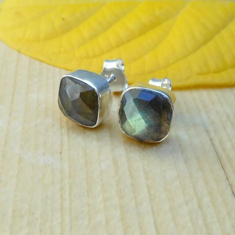 925 Silver Labradorite Stud Earring Silver Post Studs Labradorite Earrings Faceted Labradorite Blue Flashy Studs Cushion stud Womens Studs