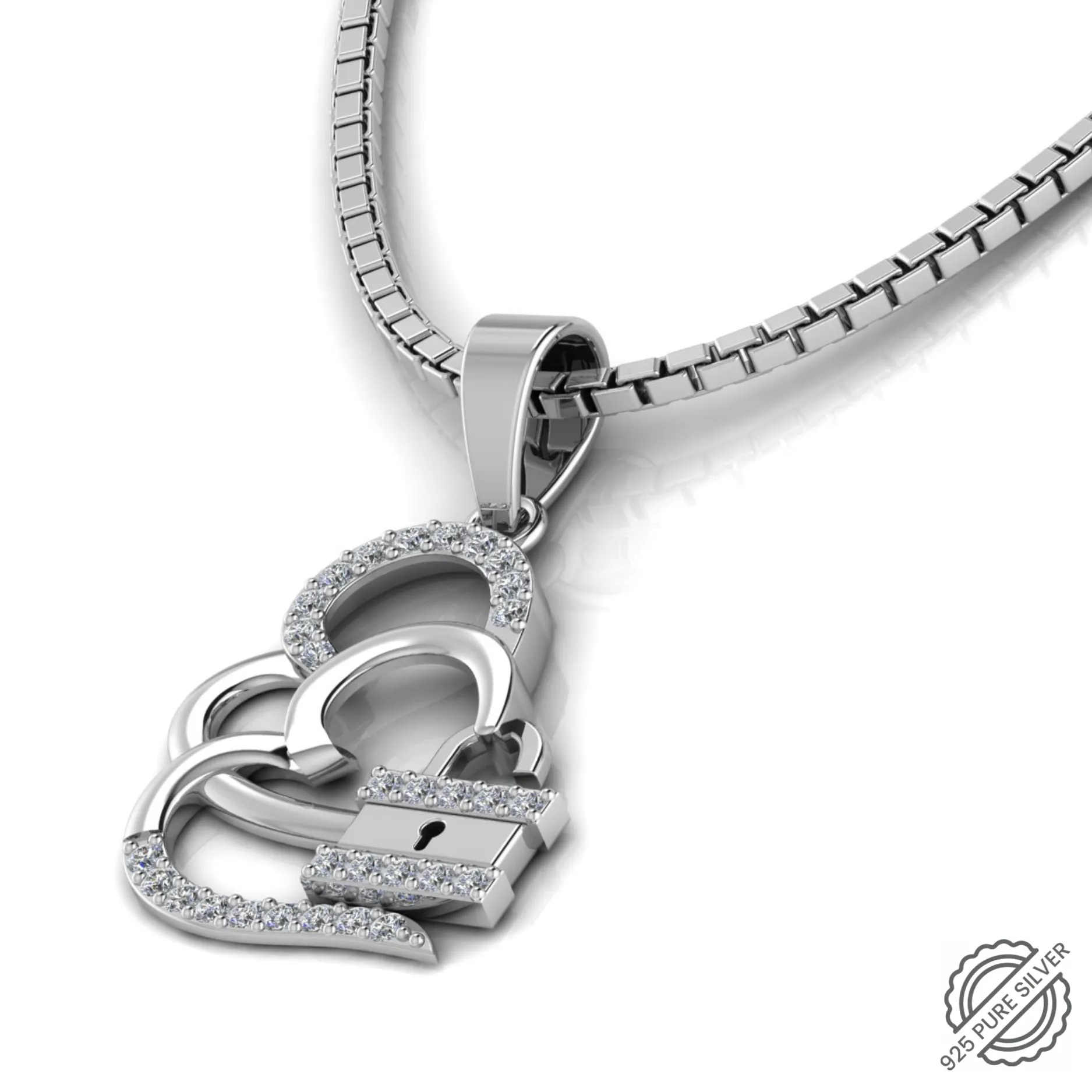 925 Sterling Silver Double Heart Pendant with pure silver link Chain