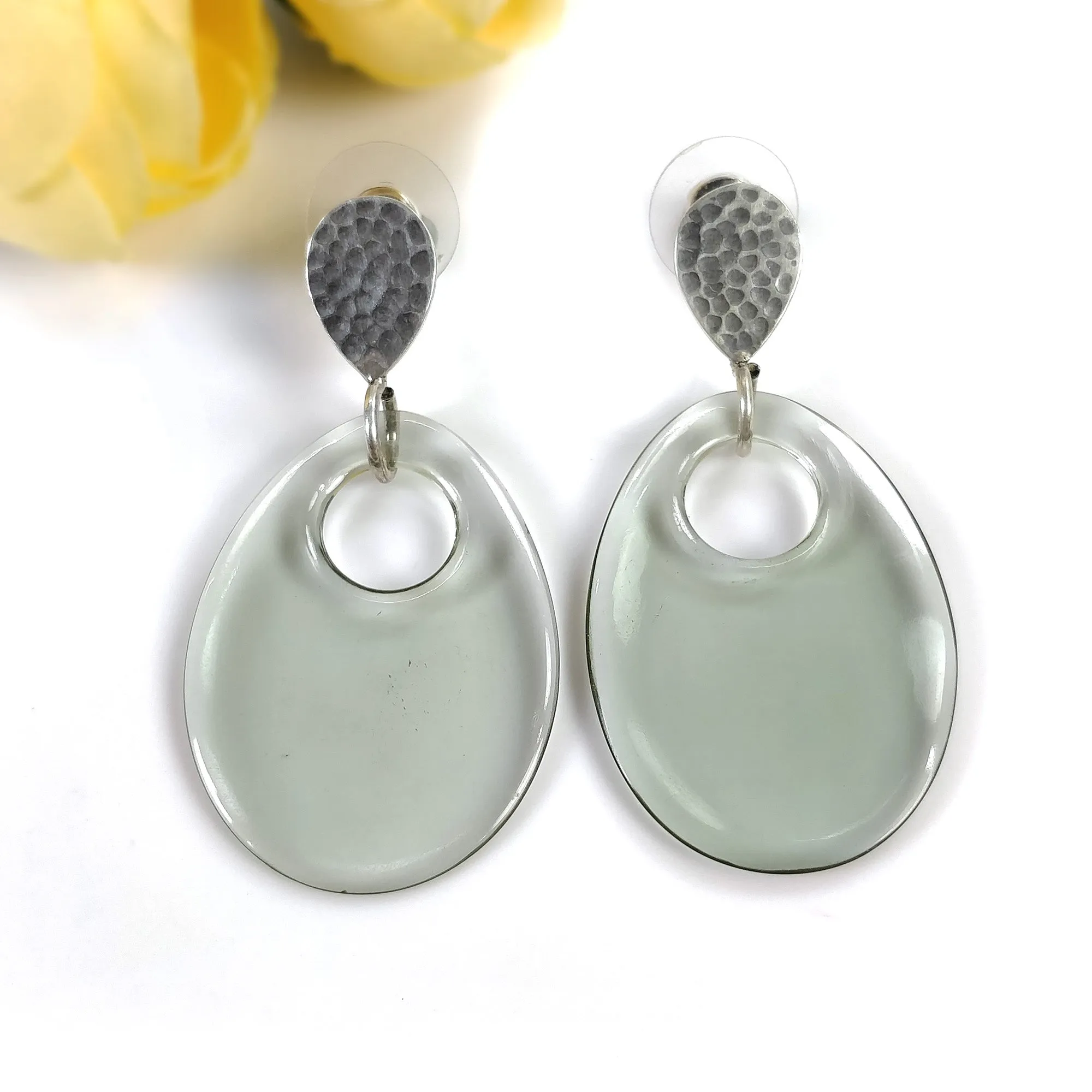 925 Sterling Silver Earring : 10.09gms Synthetic Manmade Green & Gray Rhinestone Gemstone Drop Dangle Push Back Earrings 2" (With Video)