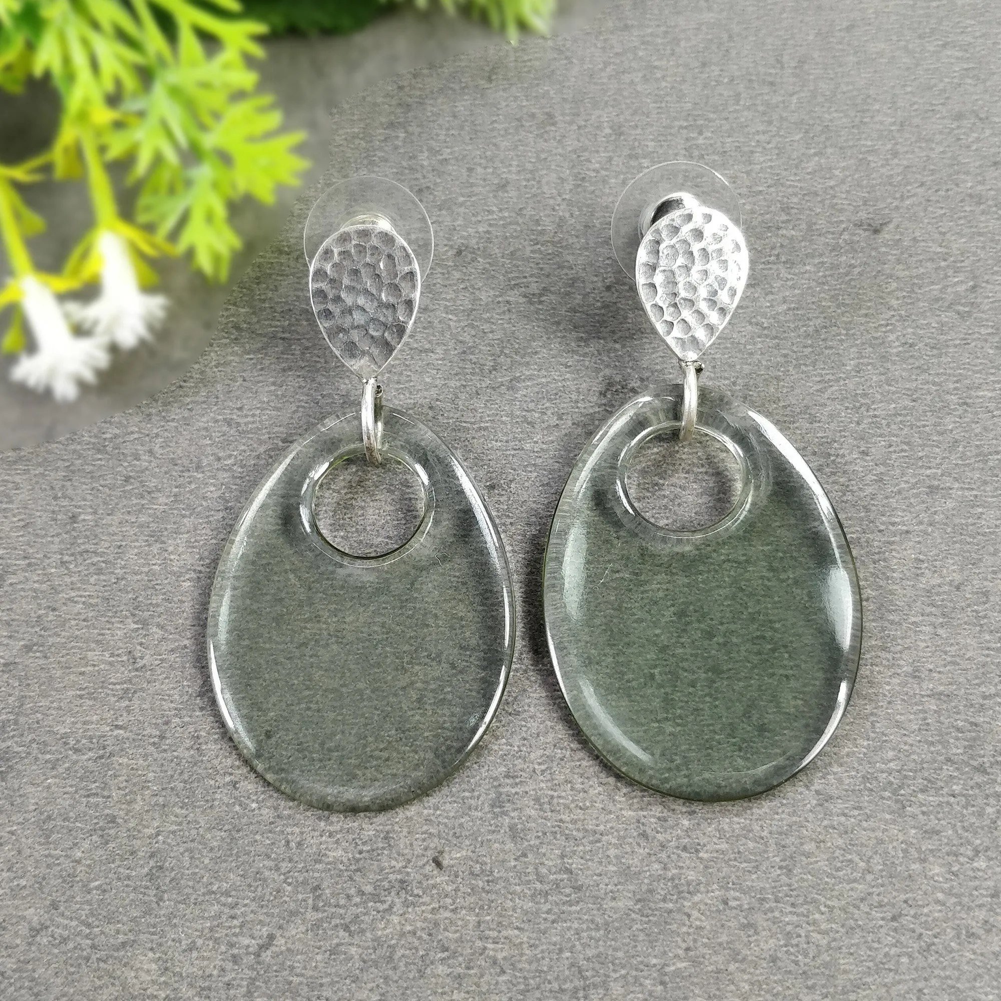 925 Sterling Silver Earring : 10.09gms Synthetic Manmade Green & Gray Rhinestone Gemstone Drop Dangle Push Back Earrings 2" (With Video)