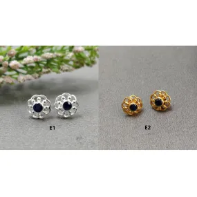 925 Sterling Silver Earring : 2.50gms Natural Untreated Blue SAPPHIRE Gemstone Round Bezel Set Push Back Stud Earrings 0.5"