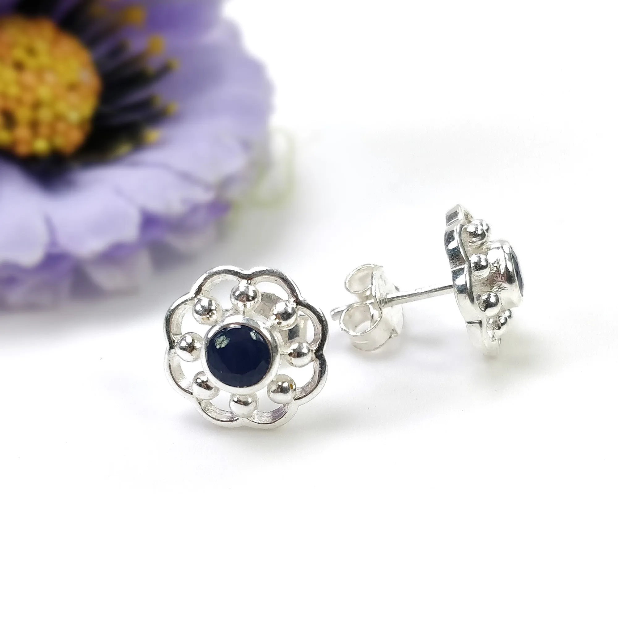 925 Sterling Silver Earring : 2.50gms Natural Untreated Blue SAPPHIRE Gemstone Round Bezel Set Push Back Stud Earrings 0.5"