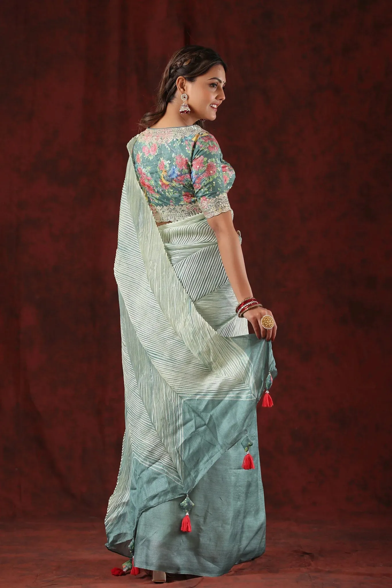 92A044 Ombre Grey Crushed Tissue Silk Saree With Blouse