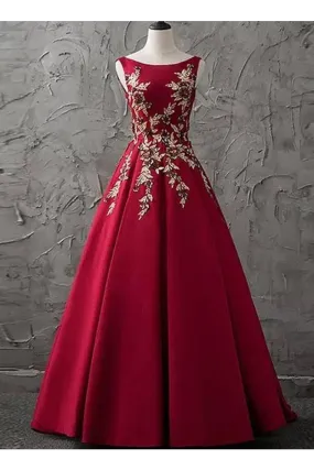 A-Line Bateau Floor-Length Sleeveless Satin Prom Dress/Evening Dress Appliques,JL20024