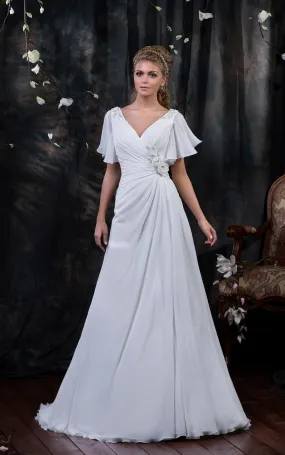 A-Line Floor-Length V-Neck Poet-Sleeve Corset-Back Chiffon Dress With Side Draping And Flower-714362