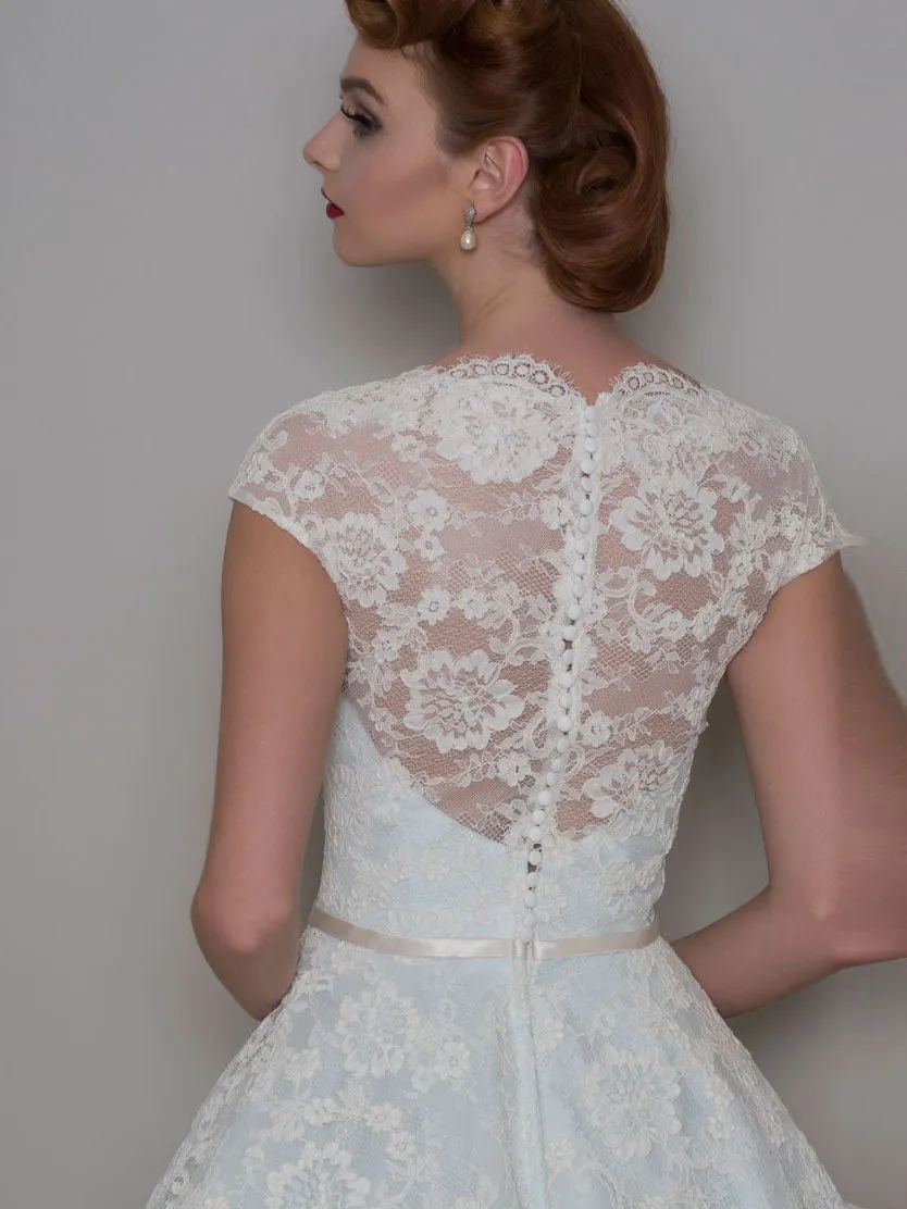 A-Line Knee-Length Appliqued V-Neck Cap Sleeve Lace Wedding Dress-MK_705318