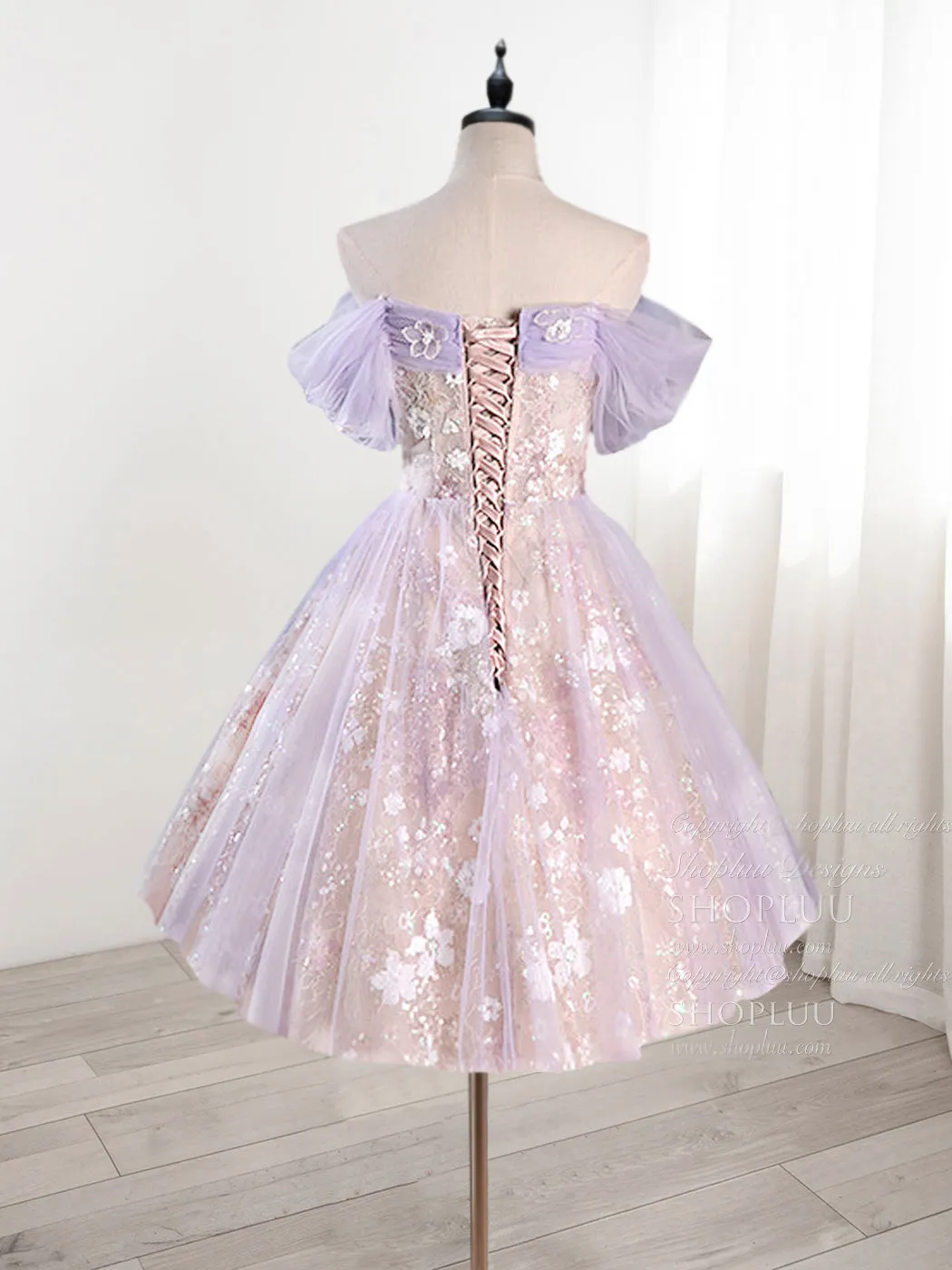 A-Line Off Shoulder Tulle Lace Purple Short Prom Dress, Cute Purple Homecoming Dress