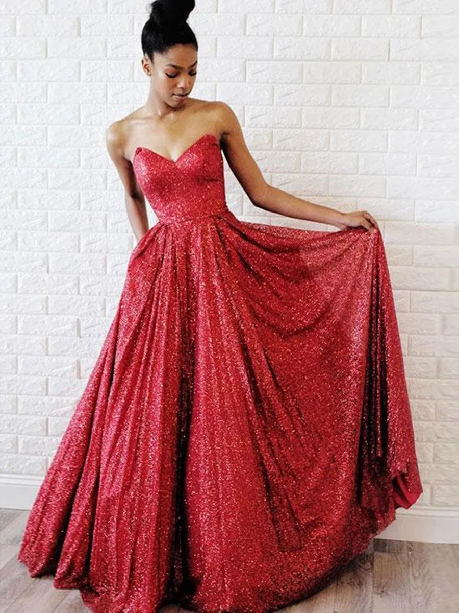 A Line Sweetheart Neck Burgundy Sequins Long Prom Dresses, Burgundy Evening Dresses, Formal Dresses