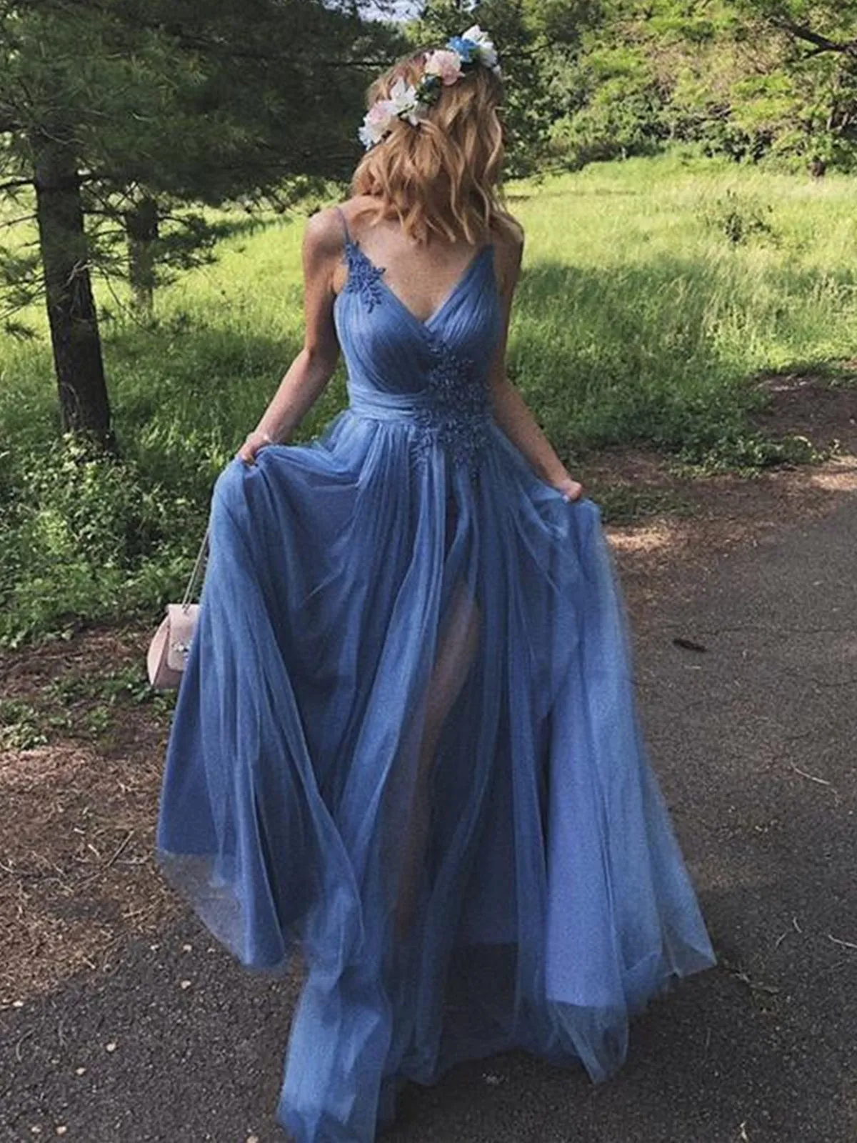 A Line V Neck Blue Long Prom Dresses, V Neck Long Blue Formal Graduation Evening Dresses