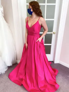 A Line V Neck Hot Pink Satin Long Prom Dresses with Pocket, V Neck Hot Pink Formal Evening Dresses