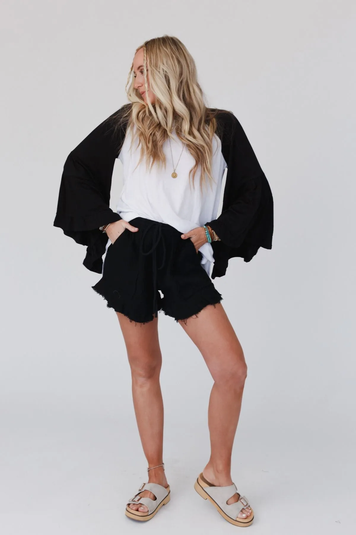 Adventure Awaits Ruffle Hem Shorts - Black