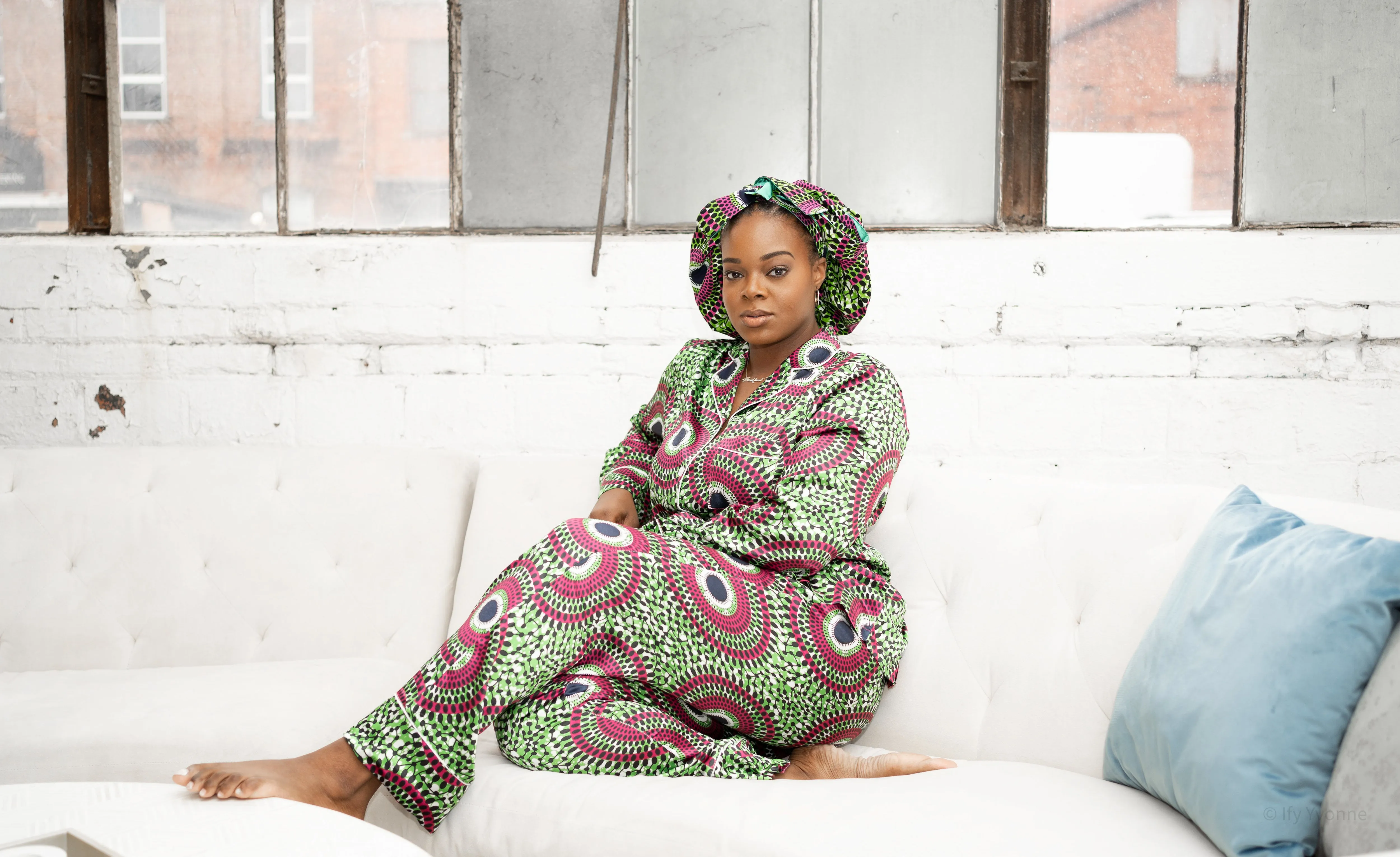 African Print Satin Long Sleeve Pajama Set (Pink/Green)