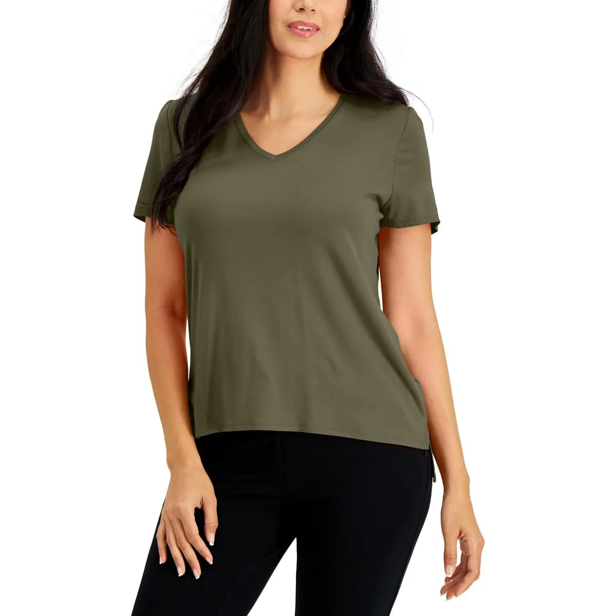 Alfani Womens Hi-Low V-Neck Pullover Top