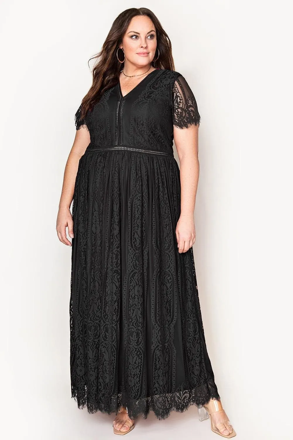 Anabelle V-Neck Short Sleeve Lace Maxi Dress