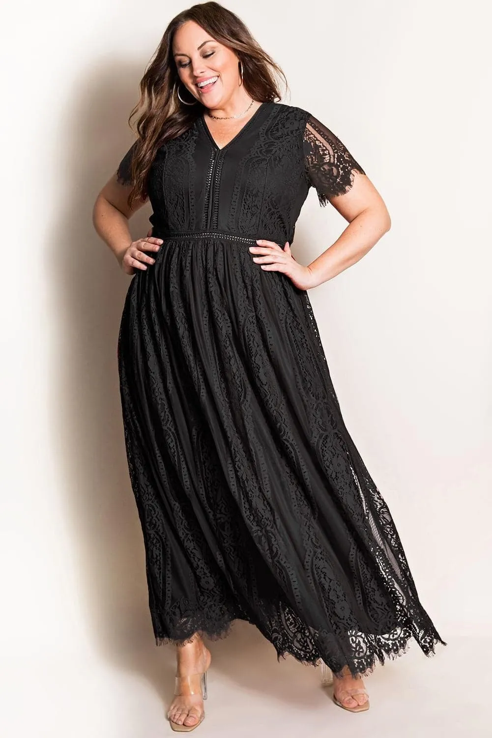 Anabelle V-Neck Short Sleeve Lace Maxi Dress