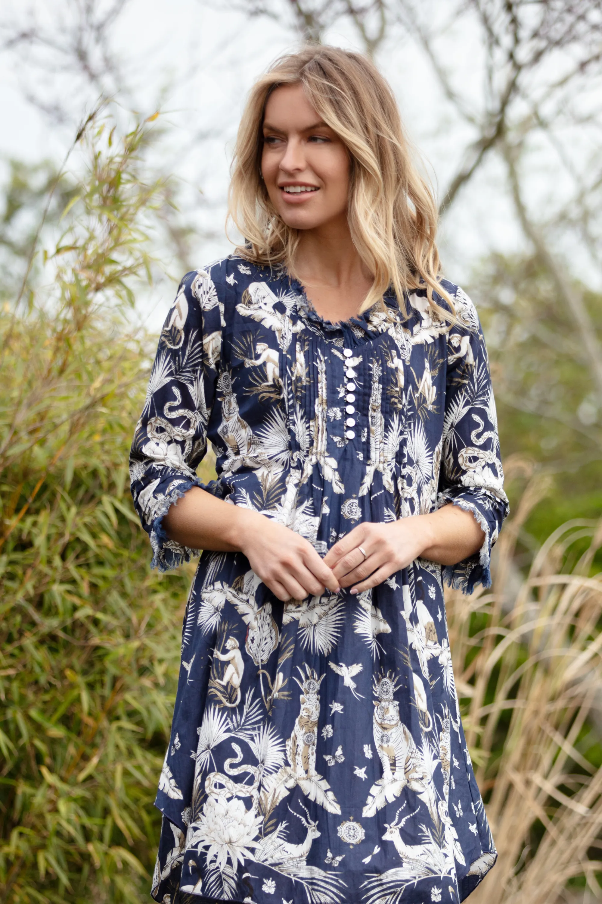 Annabel Cotton Tunic in Navy Tropical