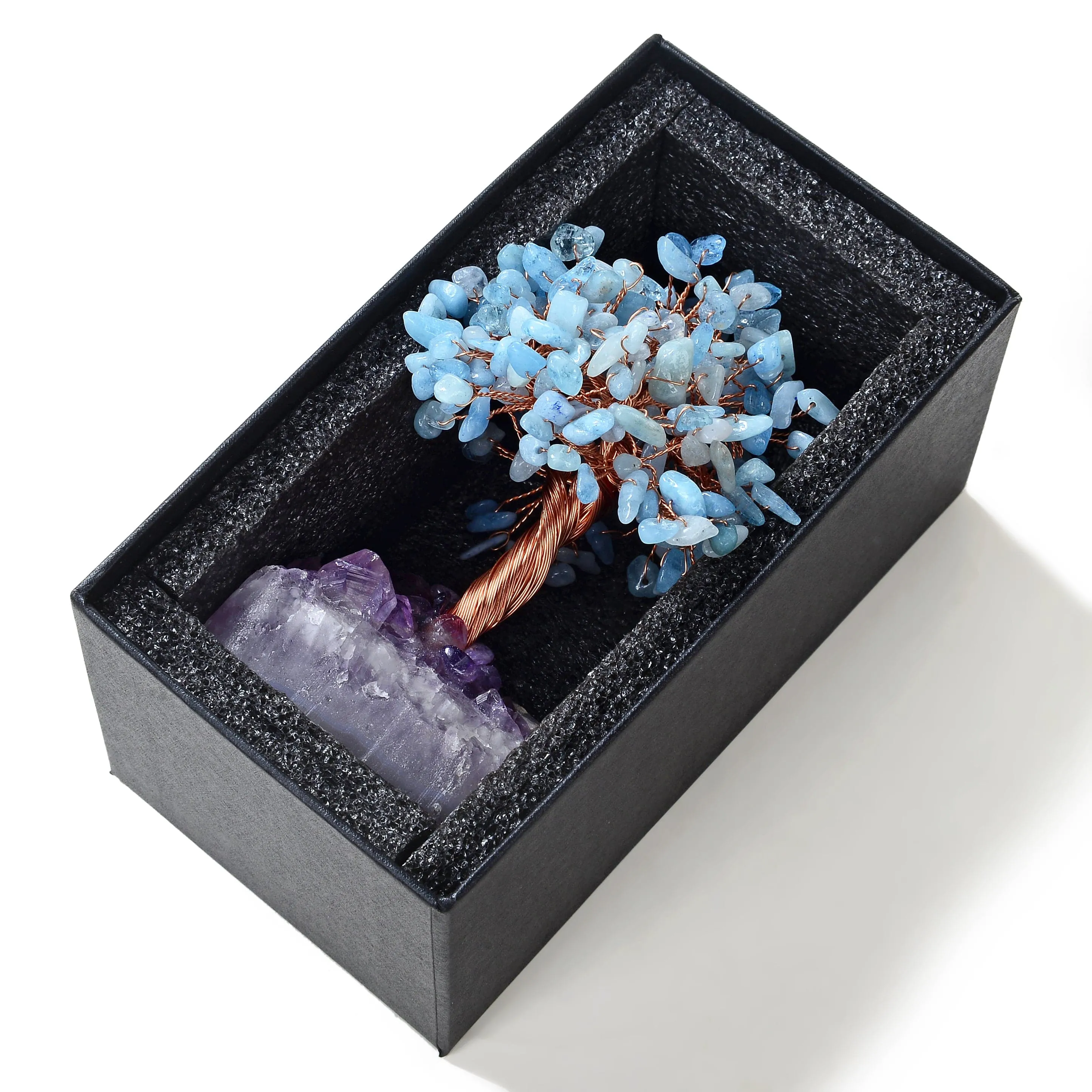 Aquamarine Natural Gemstone Tree of Life with Amethyst Geode Base