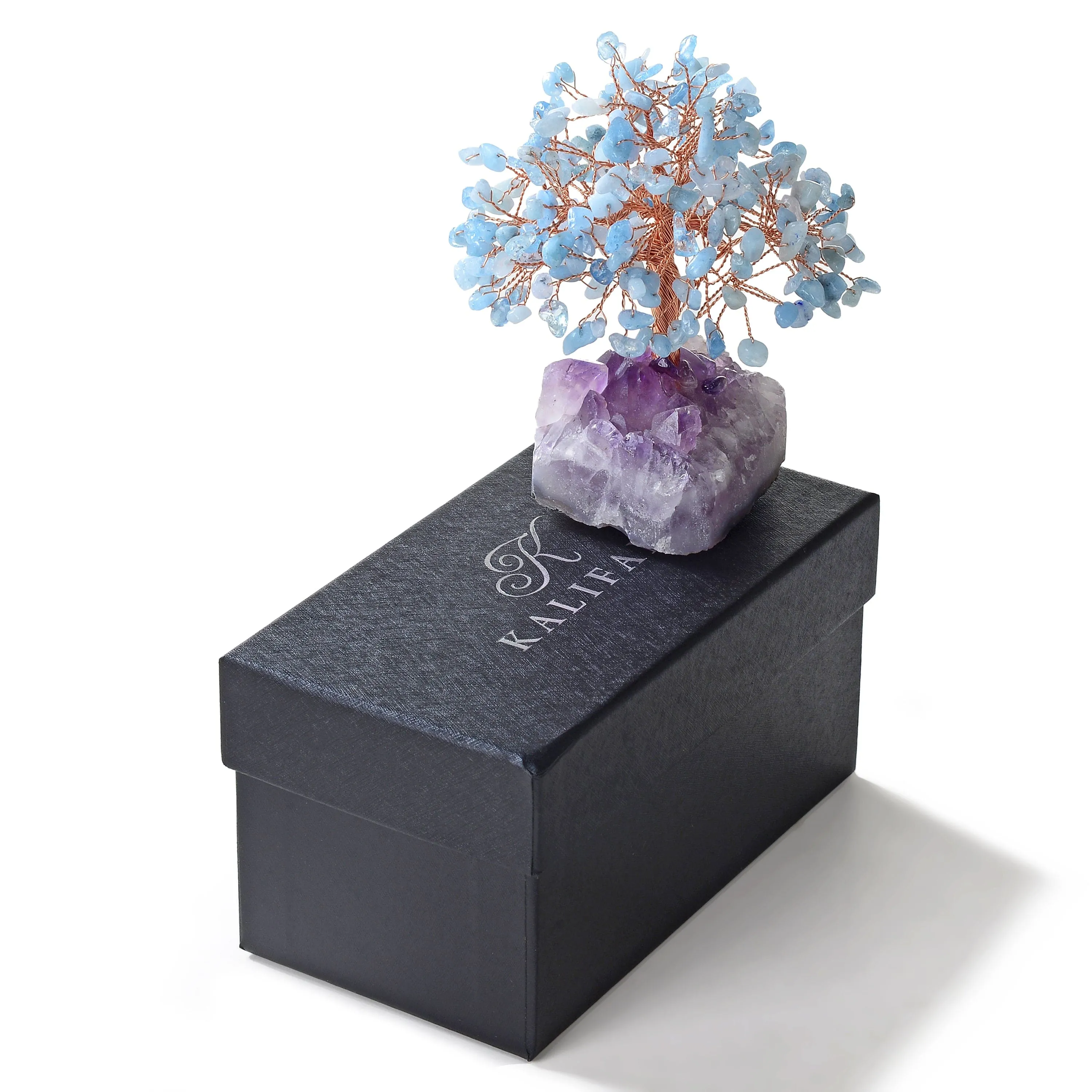 Aquamarine Natural Gemstone Tree of Life with Amethyst Geode Base