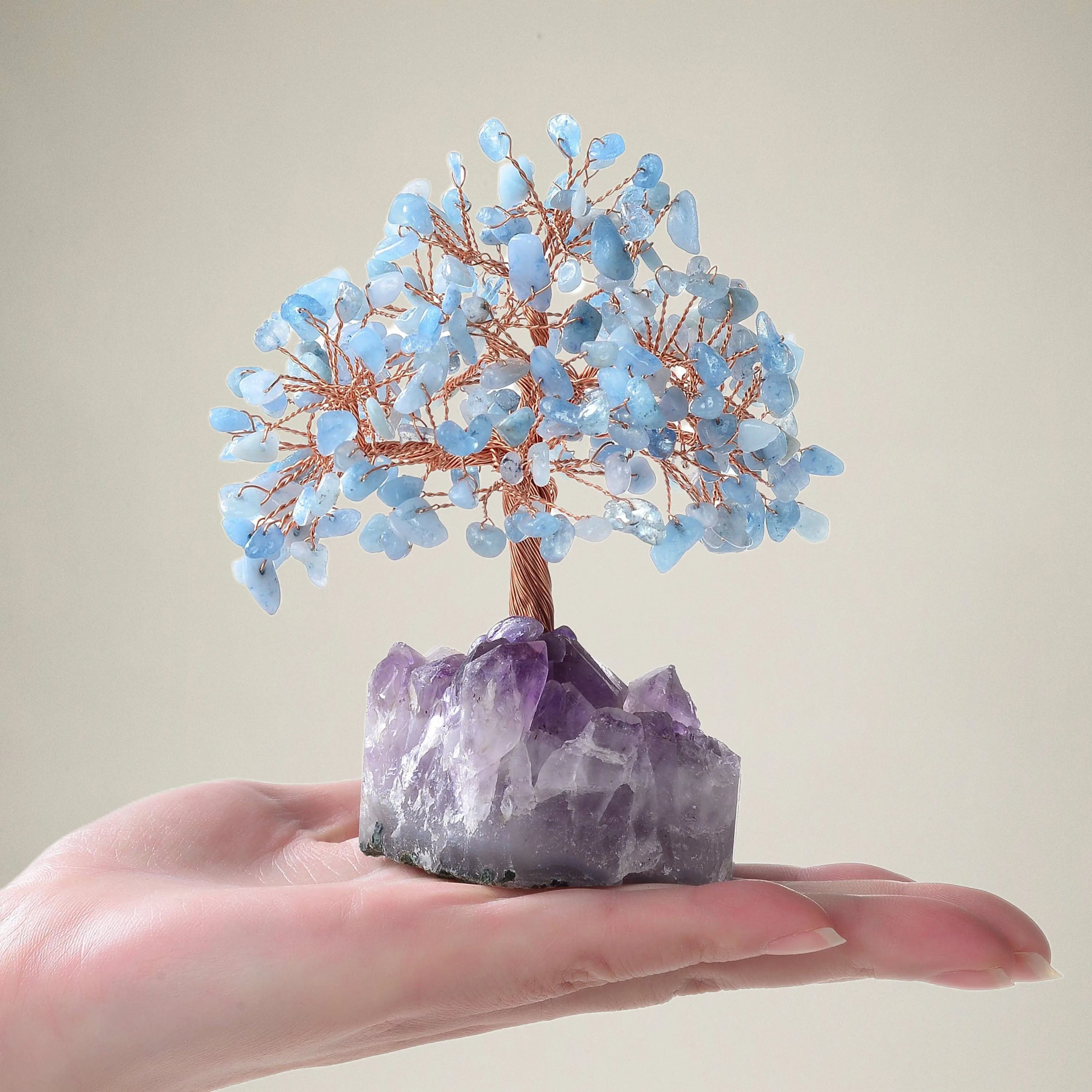 Aquamarine Natural Gemstone Tree of Life with Amethyst Geode Base