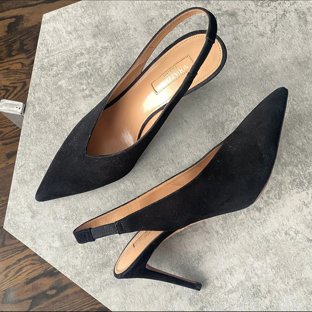 Aquazzura Black Suede V Neck Slingback Pumps - USA 7