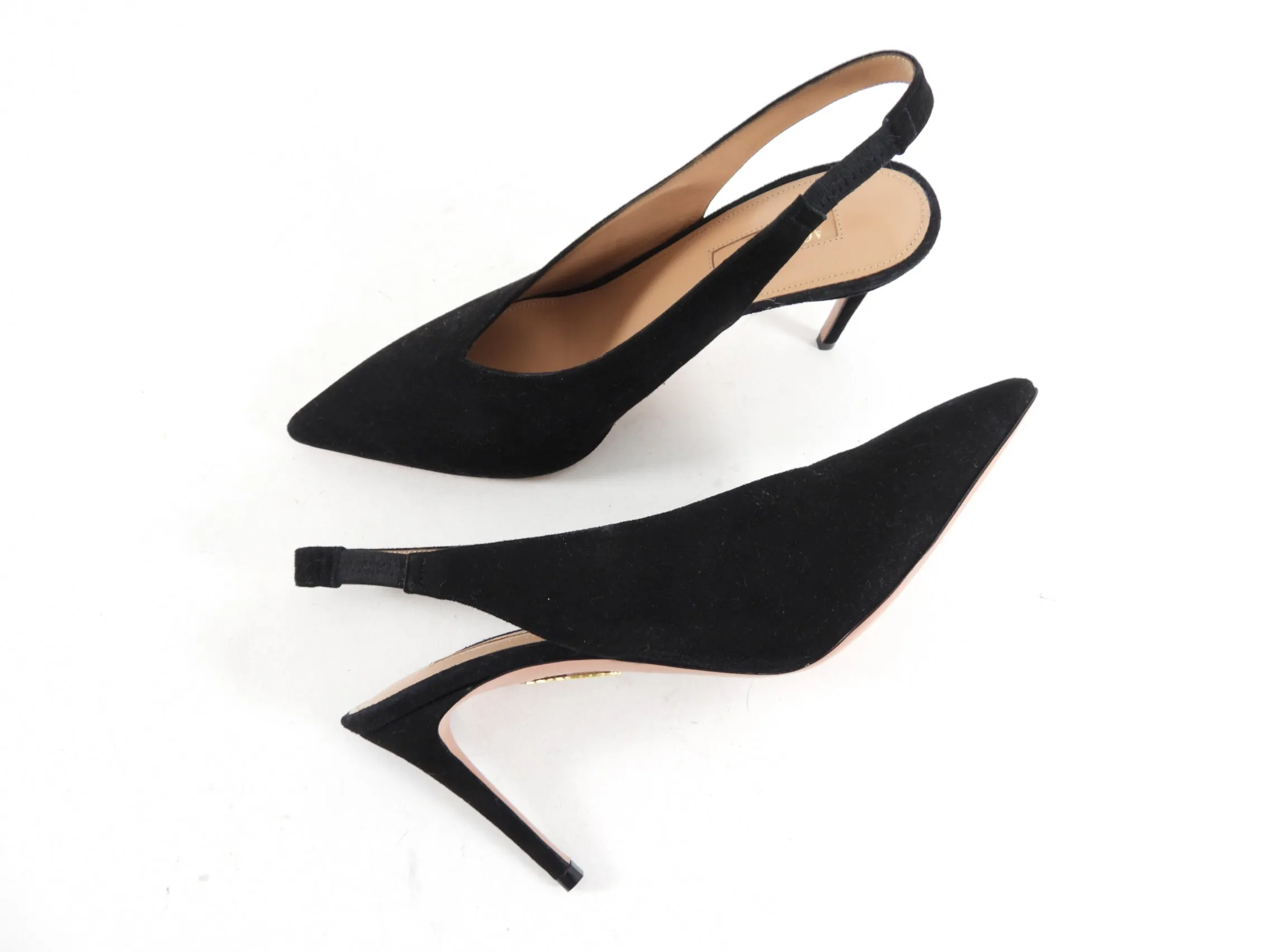 Aquazzura Black Suede V Neck Slingback Pumps - USA 7