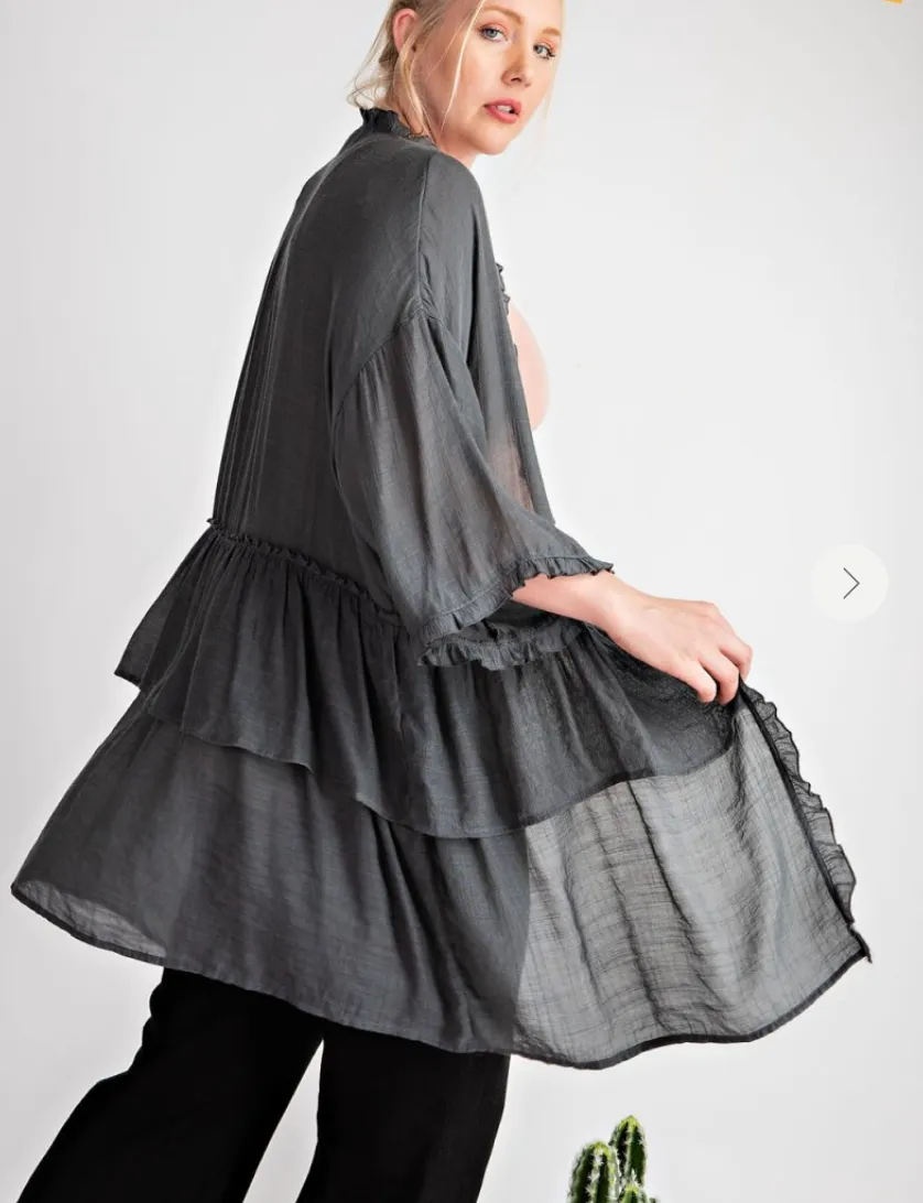 Ash Grey Double Ruffle Kimono