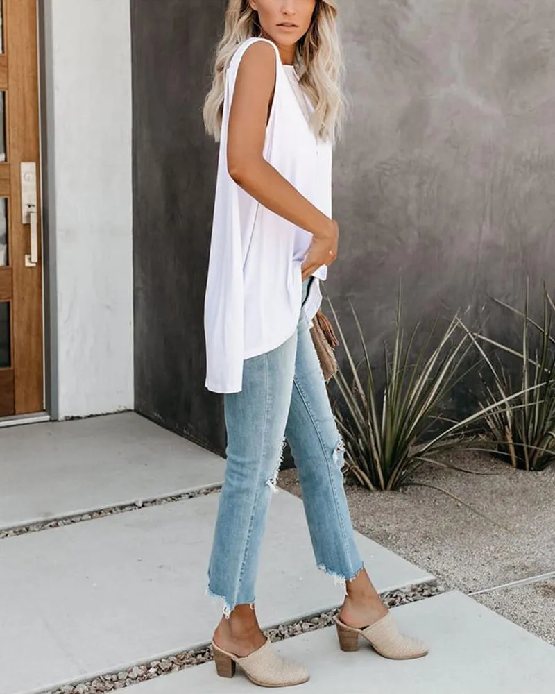 Asymmetrical Hem Round Neck Tank Top