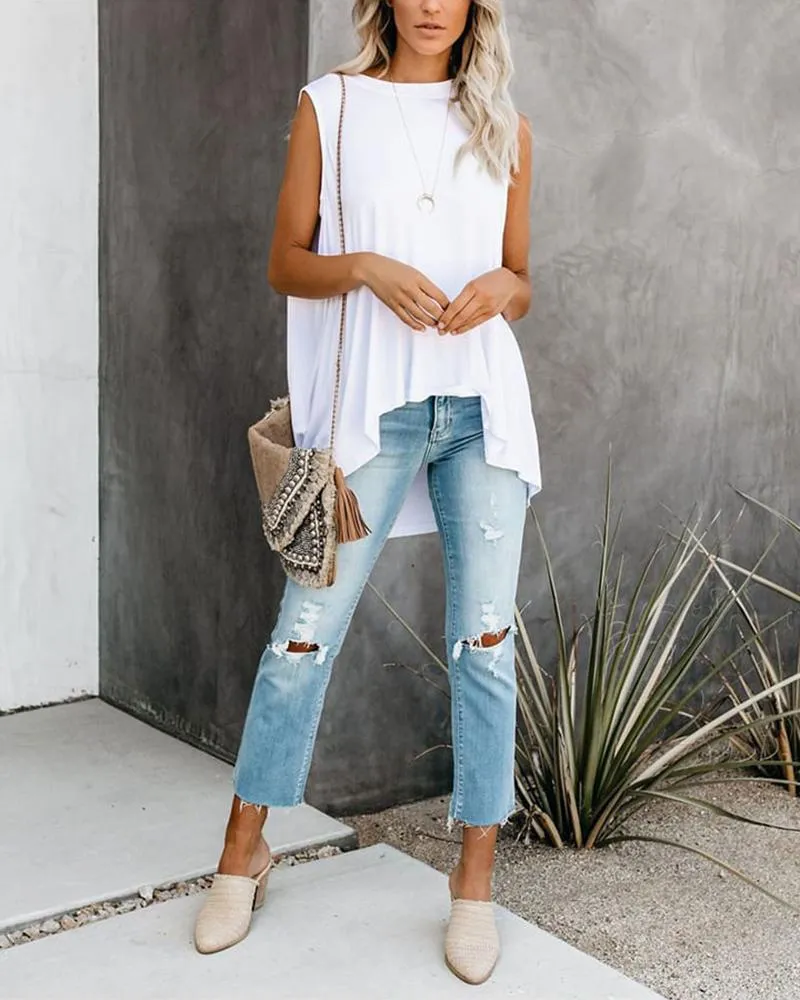 Asymmetrical Hem Round Neck Tank Top